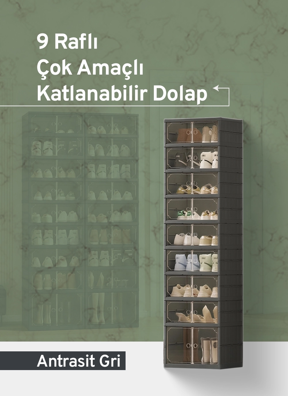 9 Raflı Çok Amaçlı, Geniş, Katlanabilir Dolap, Ayakkabılık ve Raf, Antrasit Gri