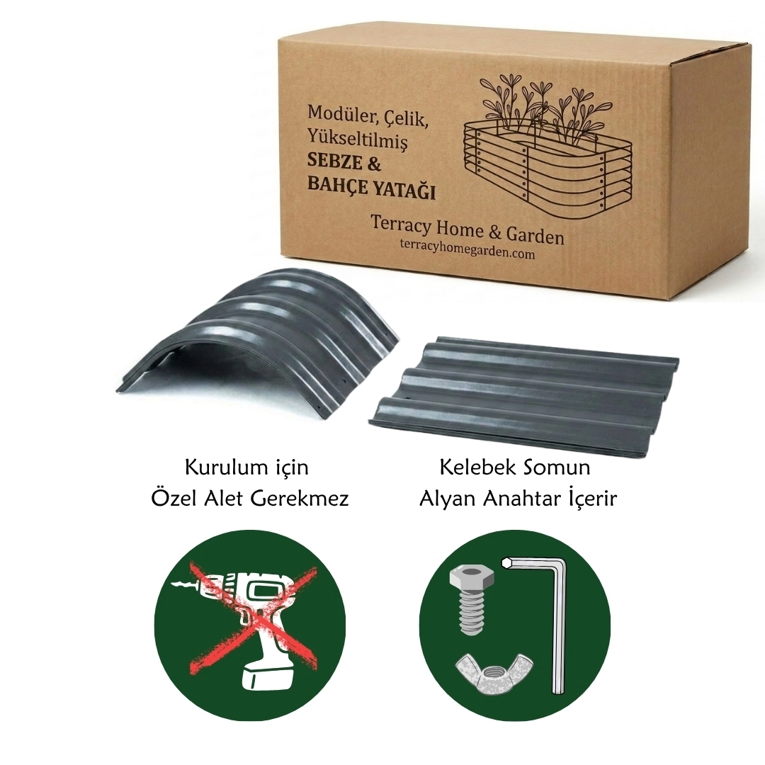 60*60*29 cm Antrasit Gri, Çelik, Oval Kenarlı, Modüler, Yükseltilmiş Bahçe Yatağı, Sebze Yatağı