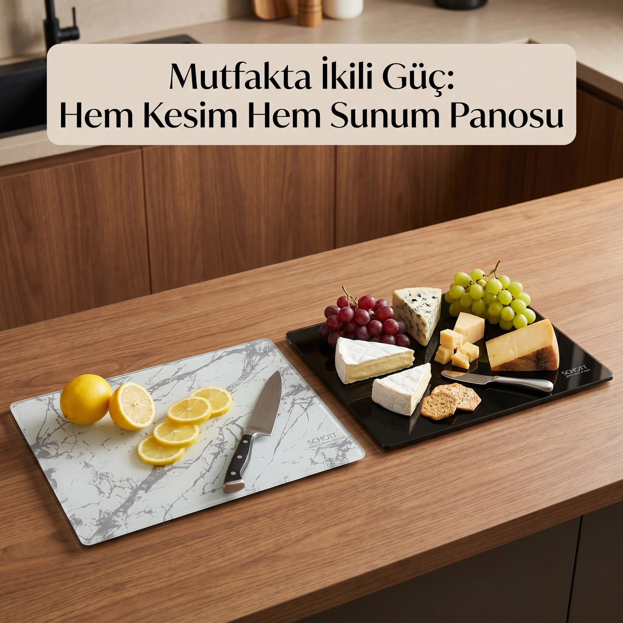2’li Schott 25*35 cm Temperli Cam Kesme Tahtası Ve Sunum Panosu, Isıya Dayanıklı, Kırılmaz, Çizilmez