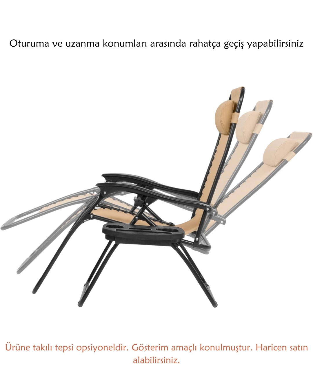 Bej Yatabilen, Ayarlanabilir Pozisyonlu, Katlanabilir Zero Gravity Şezlong, Kamp Sandalyesi