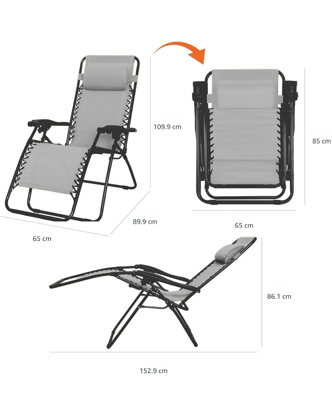 Gri, Yatabilen, Ayarlanabilir Pozisyonlu, Katlanabilir Zero Gravity Şezlong, Kamp Sandalyesi
