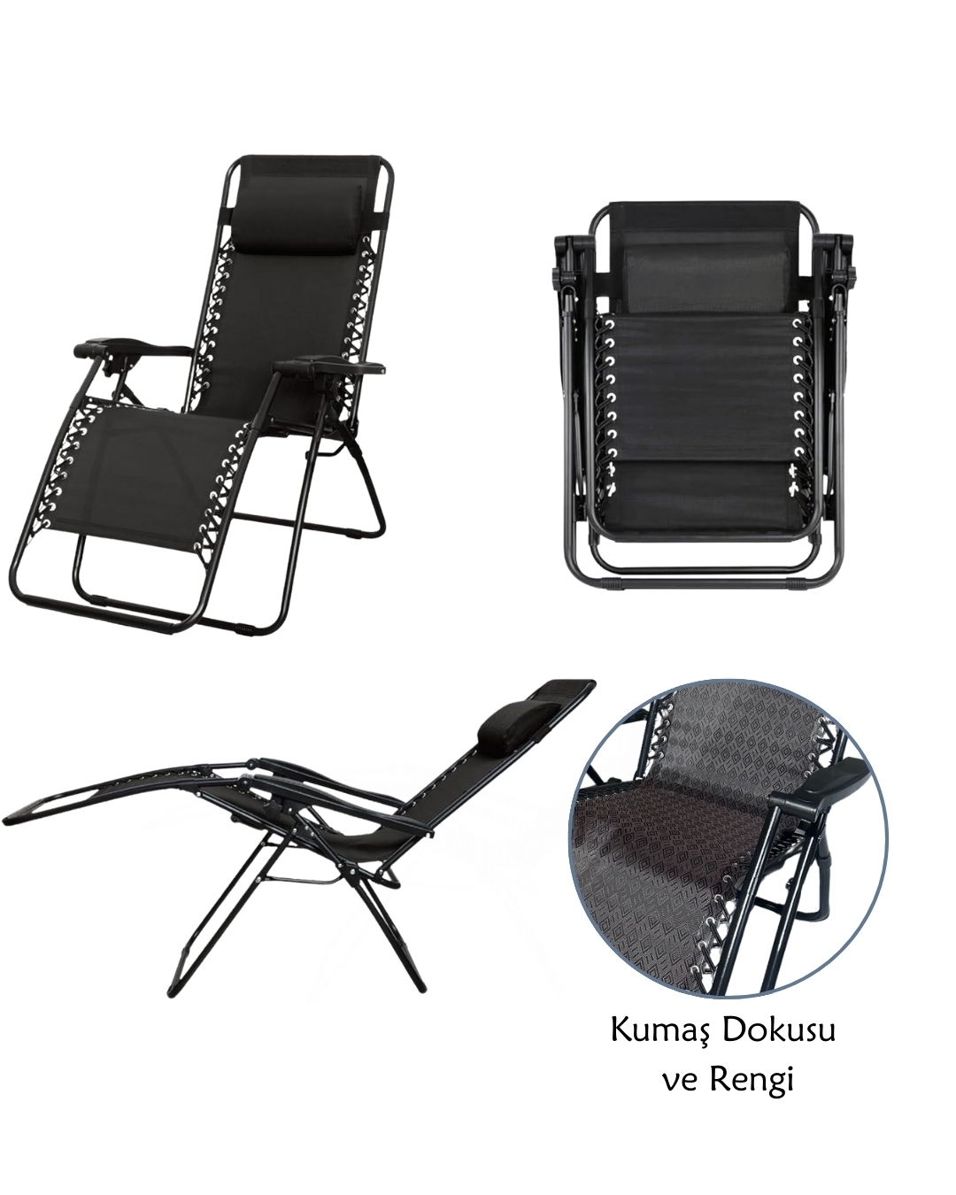 Siyah-Kahverengi, Yatabilen, Ayarlanabilir Pozisyonlu, Katlanabilir Zero Gravity Şezlong, Kamp Sandalyesi