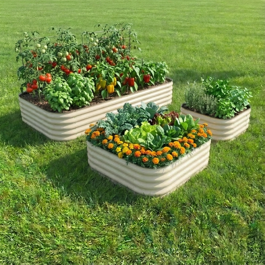 60*60*44 cm Bej, Çelik, Oval Kenarlı, Modüler, Yükseltilmiş Bahçe Yatağı, Sebze Yatağı