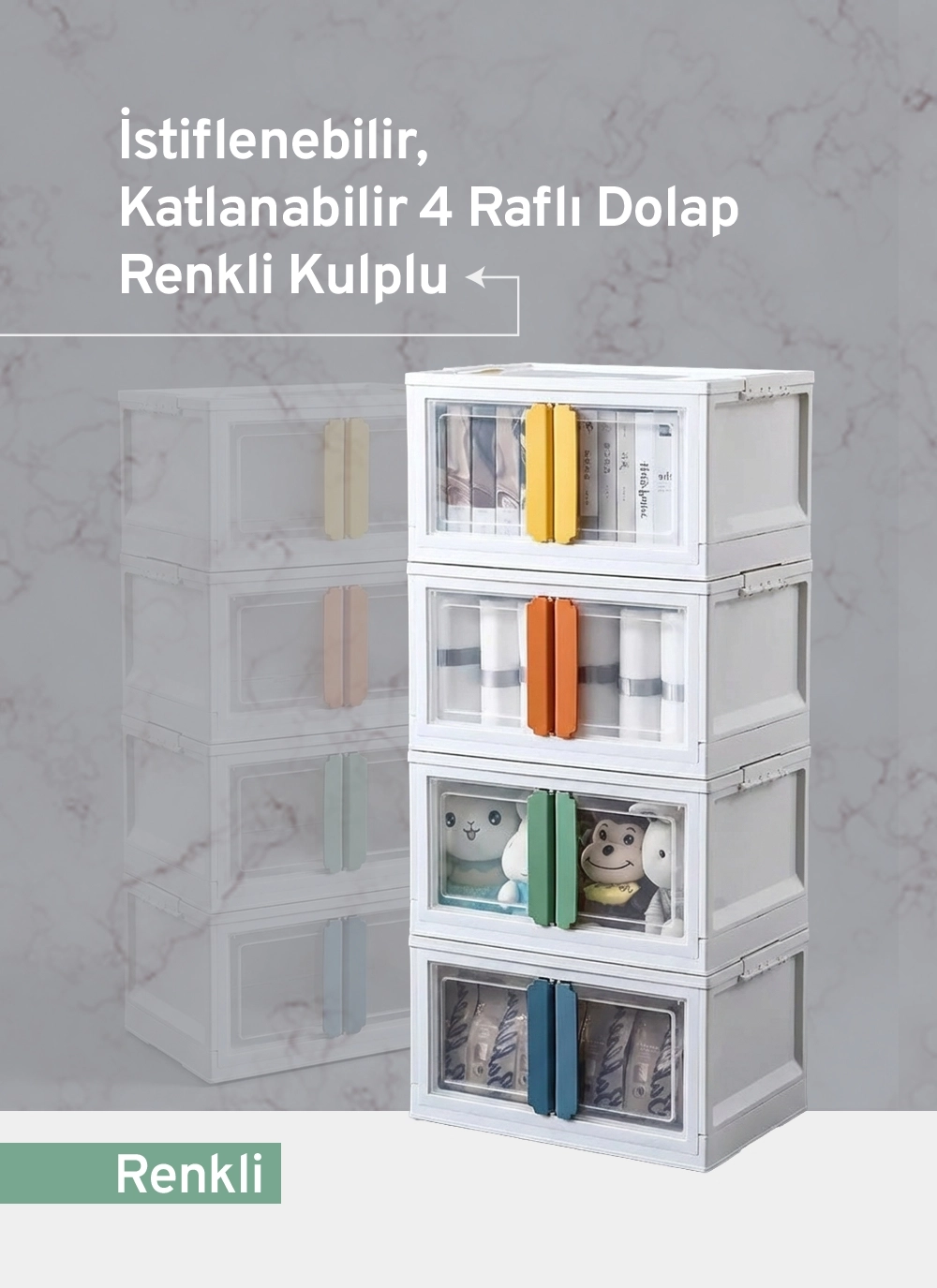 İstiflenebilir, Katlanabilir 4 Raflı Dolap, Renkli Kulplu