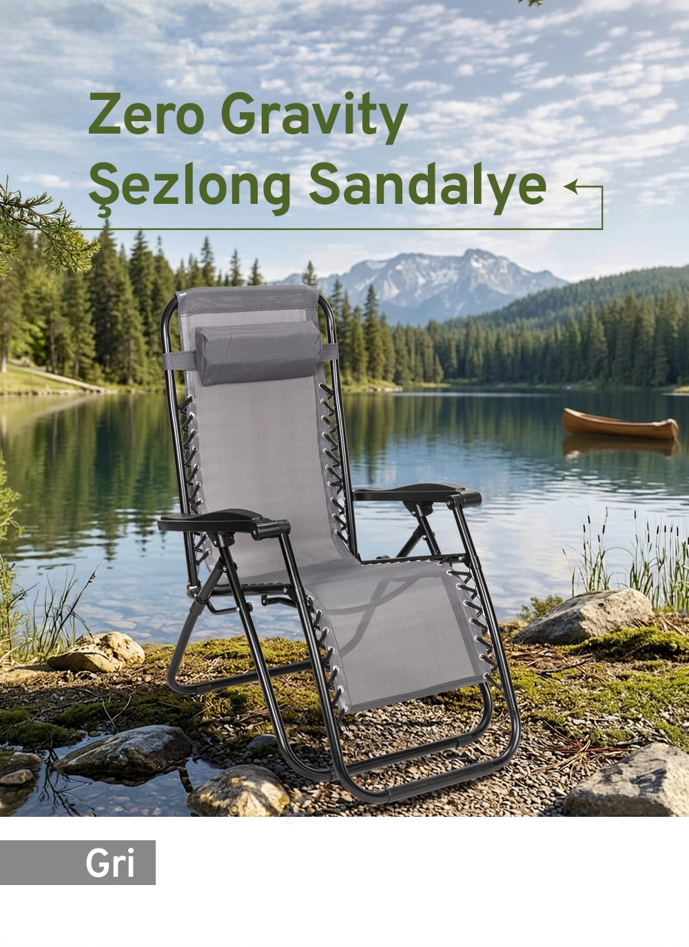 Gri, Yatabilen, Ayarlanabilir Pozisyonlu, Katlanabilir Zero Gravity Şezlong, Kamp Sandalyesi